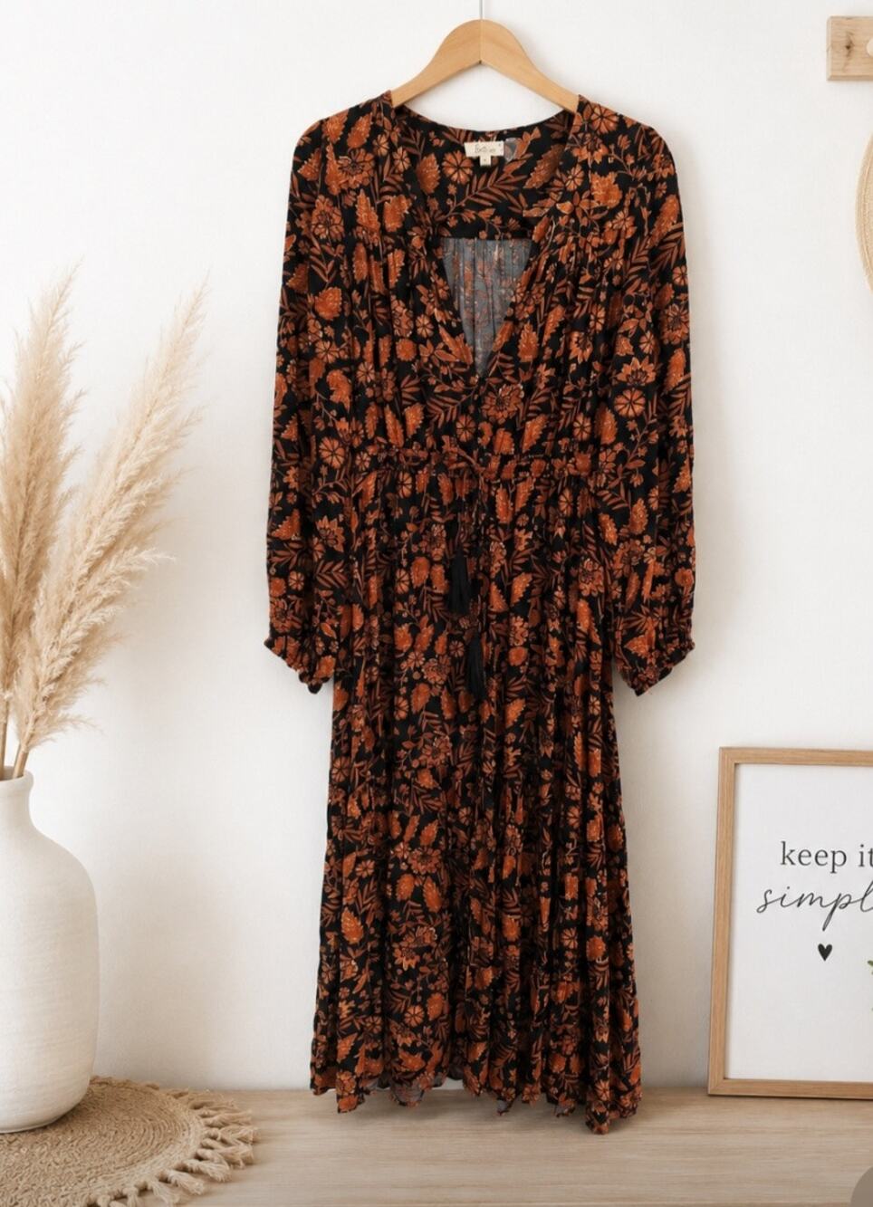Elan Black Brown Floral Boho Maxi Dress Size L